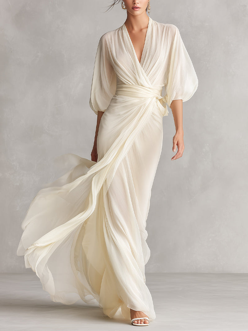 Women's Ivory Sheer Chiffon Dress With Puff Sleeves & Wrap Detail, Timeless Romantic-Luxe Style Dress