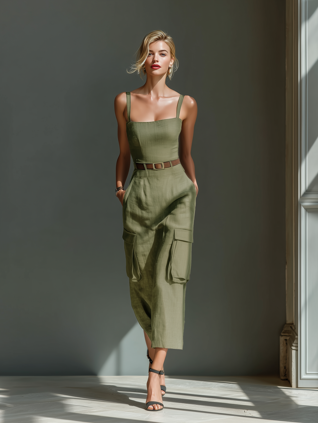 Women's Olive Green Sleeveless Midi Dress With Cargo Pockets & Belted Waist