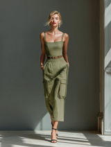Women's Olive Green Sleeveless Midi Dress With Cargo Pockets & Belted Waist
