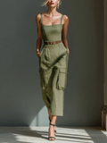Women's Olive Green Sleeveless Midi Dress With Cargo Pockets & Belted Waist