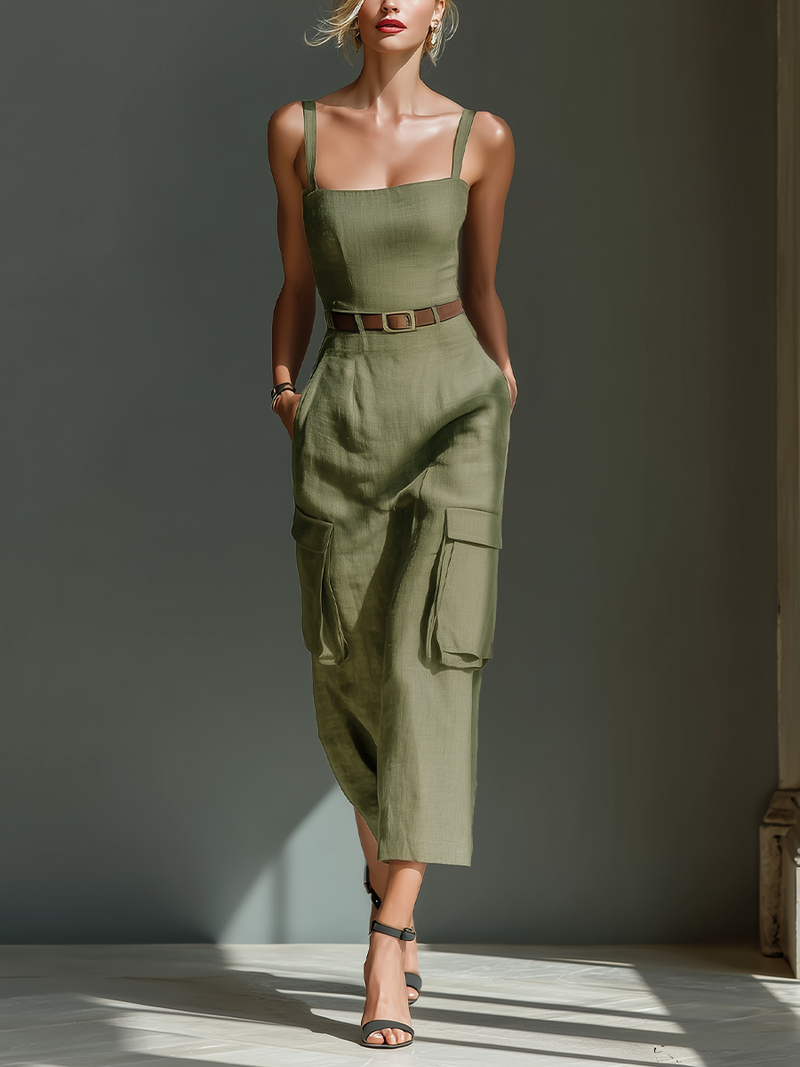 Women's Olive Green Sleeveless Midi Dress With Cargo Pockets & Belted Waist