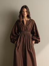 Women's Casual Brown V-neck Long-sleeved Maxi Dress With Elastic Waist