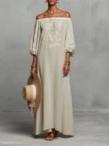 Women's Minimalist Off-the-shoulder Three-quarter Sleeve Embroidered Maxi Dress