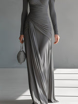 Women's Grey Silky Stretch Sophisticated Ruched Detail Cut-Out Maxi Dress