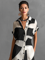 Women's Irregular Geometric Print Lapel Single-Breasted Short-Sleeved Maxi Shirt Dress