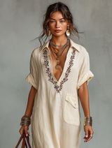 Women's Minimalist Embroidered Short-sleeved Shirt Maxi Dress