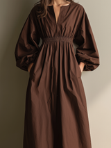 Women's Casual Brown V-neck Long-sleeved Maxi Dress With Elastic Waist