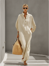 Women's Oatmeal Dress With Mandarin Collar & Dolman Sleeves, Timeless Resort-Casual Style Dress