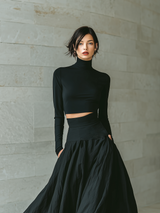 Women's Fashionable And Elegant Black Fitted Turtleneck Long-sleeved Cropped Top Paired With A Black Long Skirt