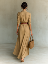 Long Maxi Dress with Notched Collar and Long Sleeves for Women