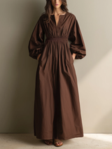 Women's Casual Brown V-neck Long-sleeved Maxi Dress With Elastic Waist