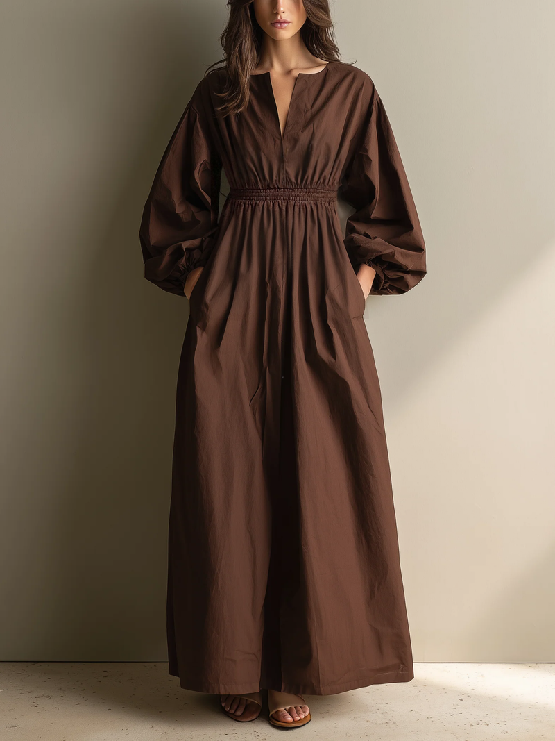 Women's Casual Brown V-neck Long-sleeved Maxi Dress With Elastic Waist