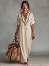 Women's Minimalist Embroidered Short-sleeved Shirt Maxi Dress