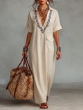 Women's Minimalist Embroidered Short-sleeved Shirt Maxi Dress