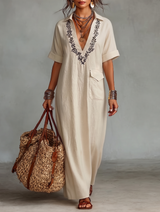 Women's Minimalist Embroidered Short-sleeved Shirt Maxi Dress