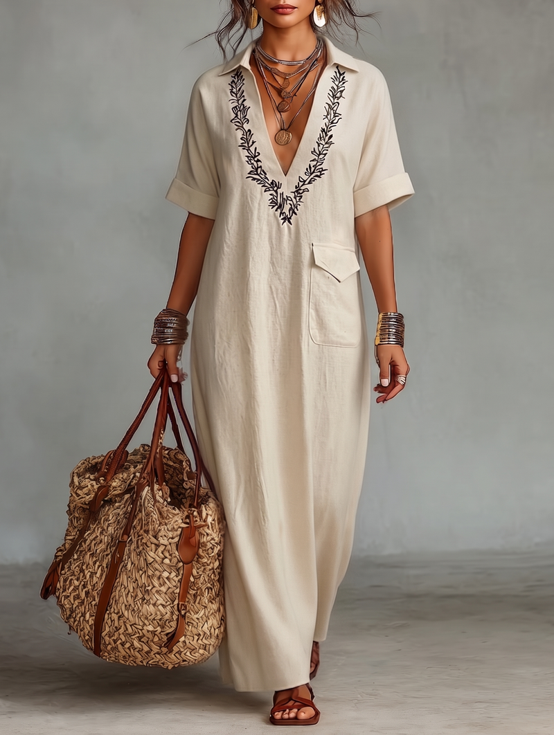 Women's Minimalist Embroidered Short-sleeved Shirt Maxi Dress