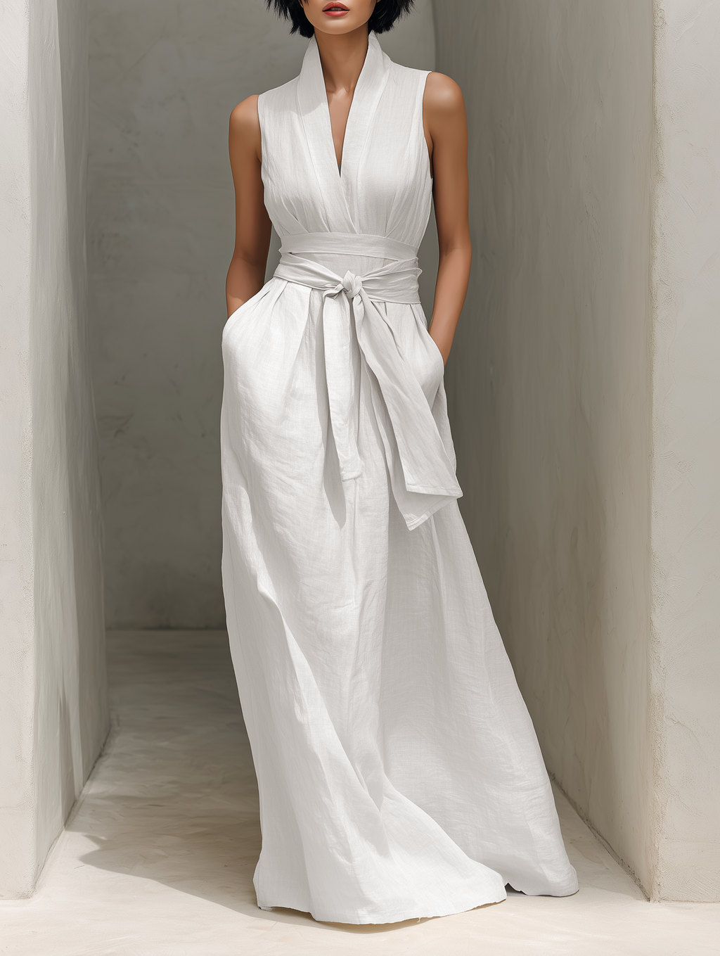 Women's Minimalist V-neck Belted Sleeveless Maxi Dress