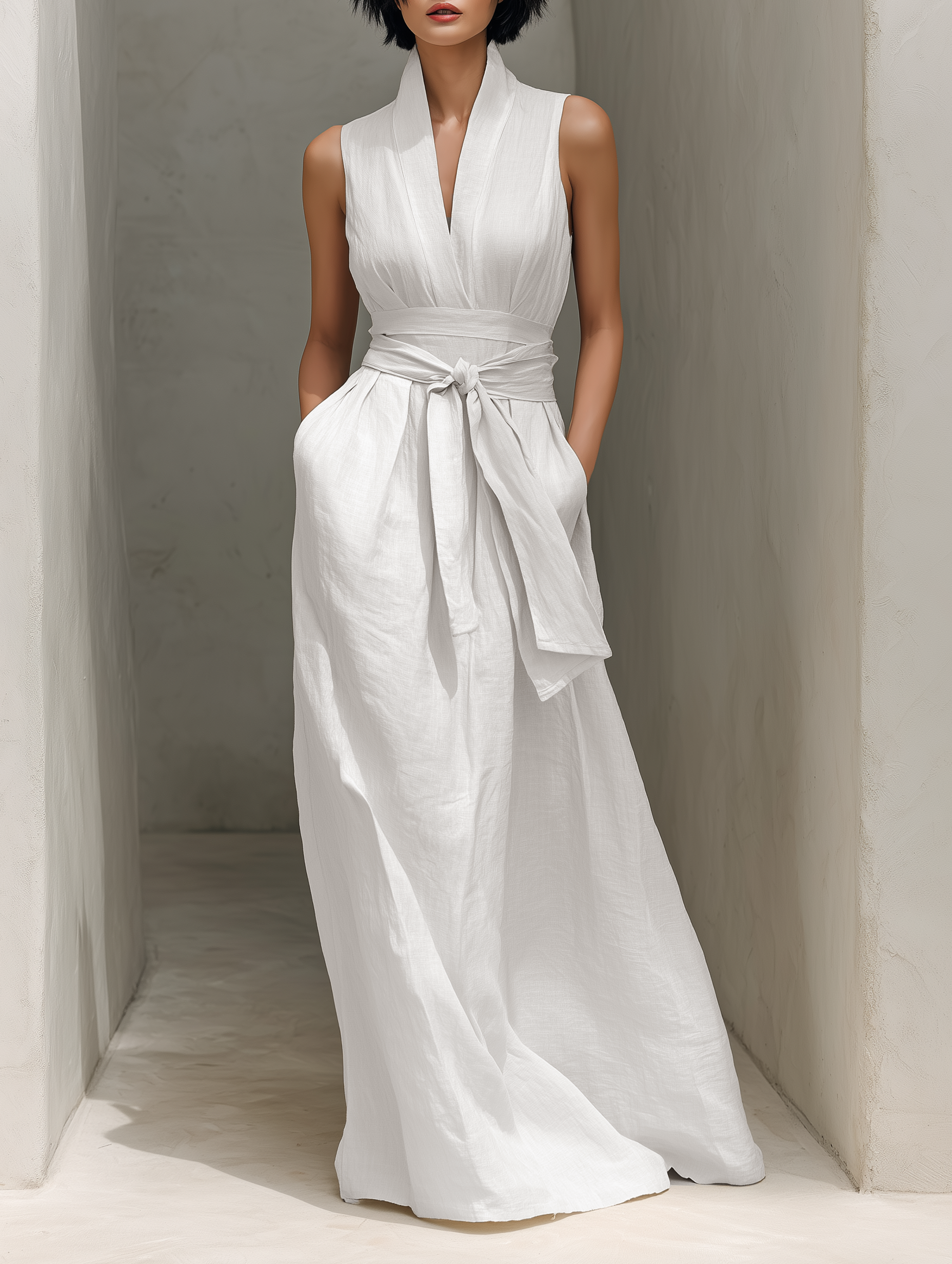 Women's Minimalist V-neck Belted Sleeveless Maxi Dress