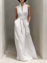 Women's Minimalist V-neck Belted Sleeveless Maxi Dress