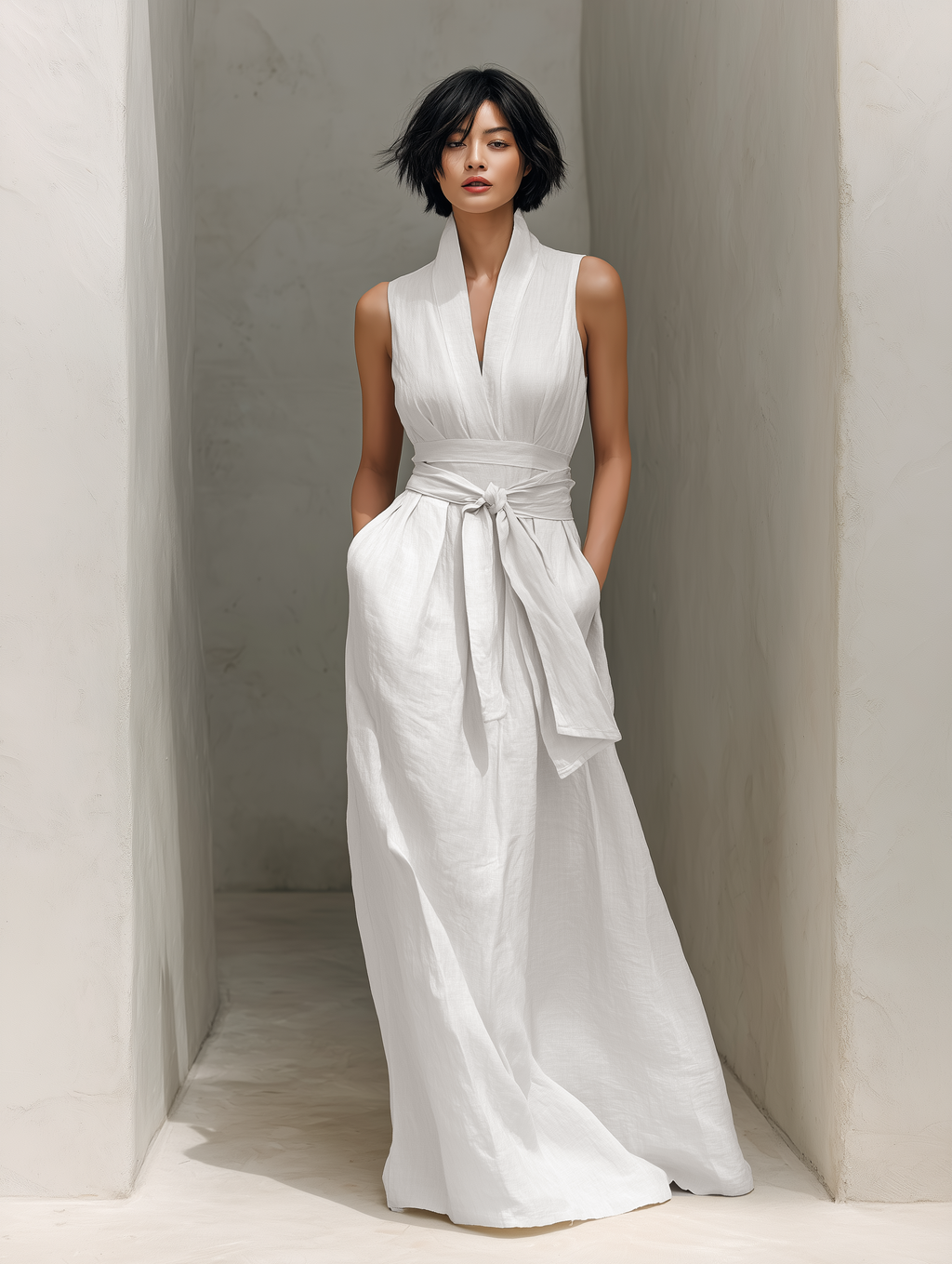 Women's Minimalist V-neck Belted Sleeveless Maxi Dress