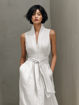 Women's Minimalist V-neck Belted Sleeveless Maxi Dress