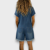 Joan™ | Salopette courte en coton effet denim