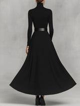 Women's Black Knit Elegant High Neck Button Detail Maxi Dress